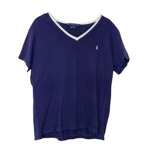Y2k Ralph Lauren Navy Blue V-Neck T-Shirt Womens XL